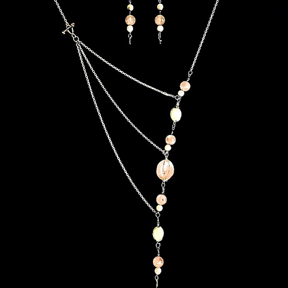 Sterling Silver Rose Quartz Precious Stone Asymmetrical Necklace/ Earrings Set. - Picture 2 of 9